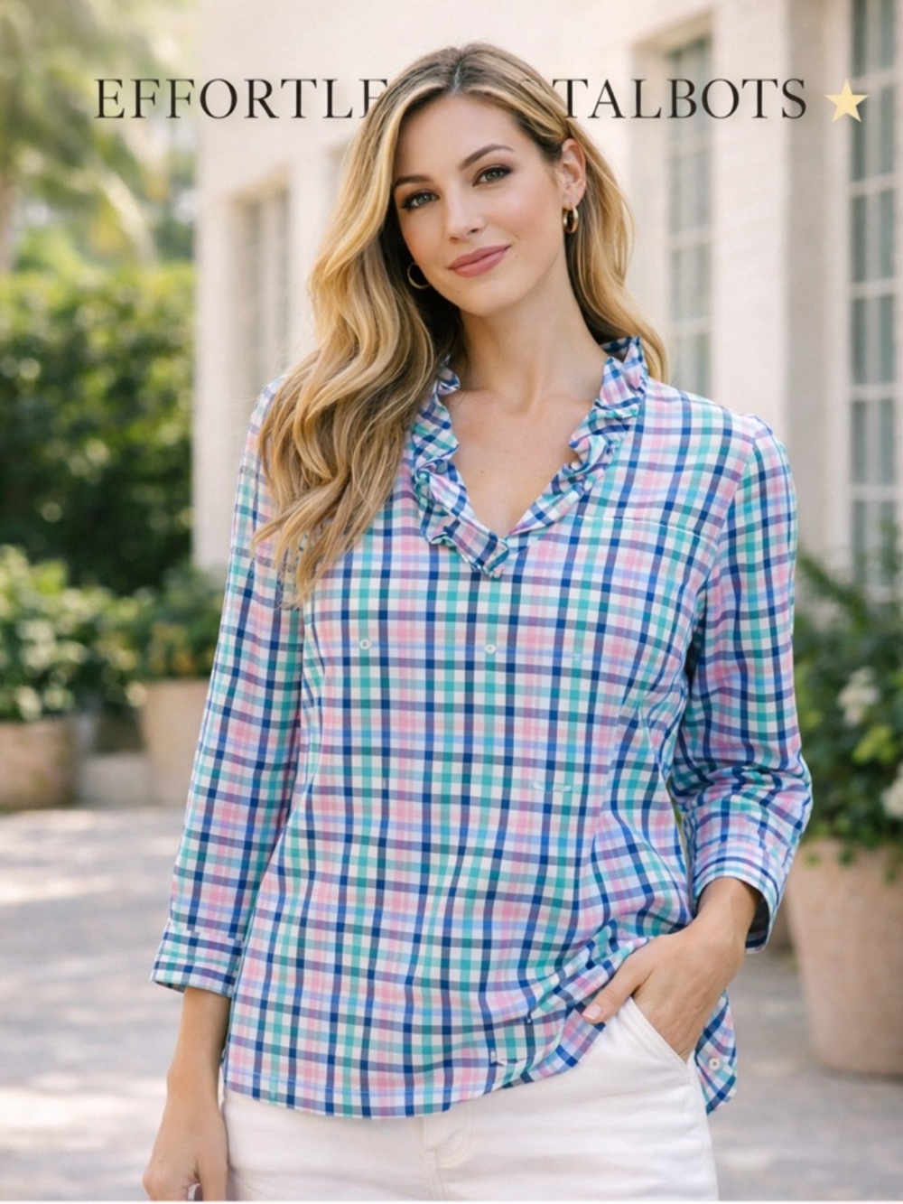 🔥Talbots Multi-Color Plaid Ruffle V-Neck Blouse